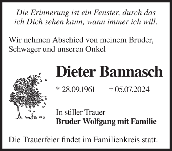 Traueranzeige von Dieter Bannasch von WochenKurier