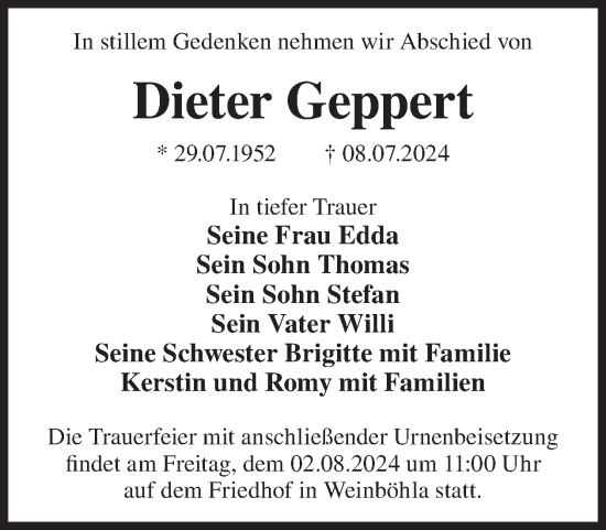 Traueranzeige von Dieter Geppert von WochenKurier