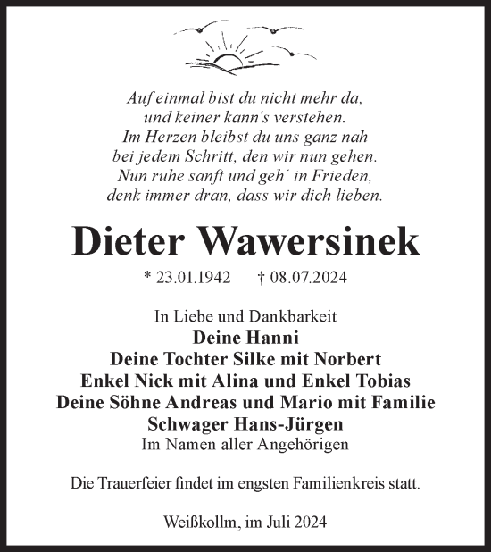 Traueranzeige von Dieter Wawersinek von WochenKurier