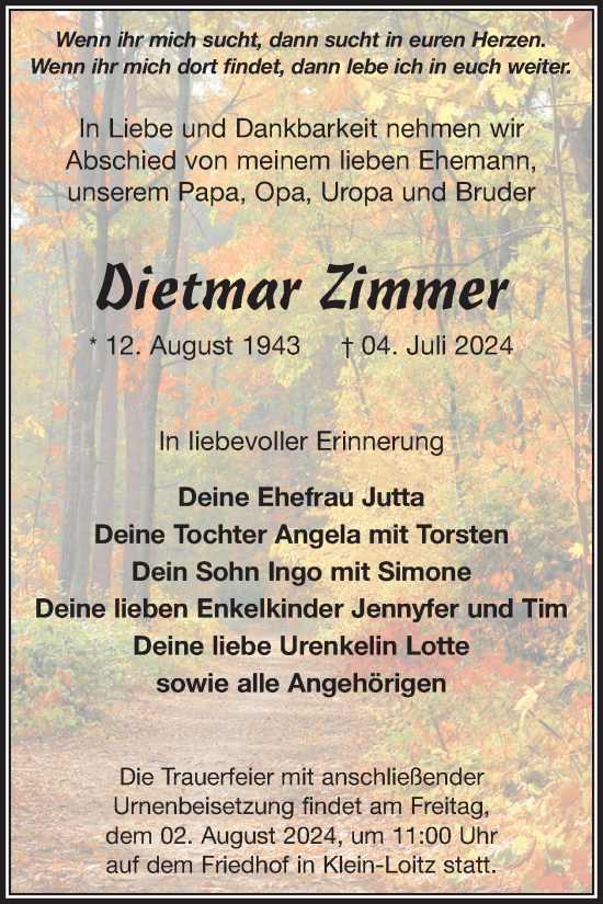 Traueranzeige von Dietmar Zimmer von WochenKurier