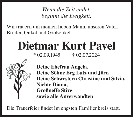 Traueranzeige von Dietmar Kurt Pavel von WochenKurier