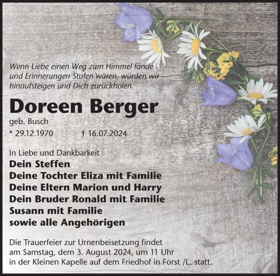Traueranzeige von Doreen Berger von WochenKurier