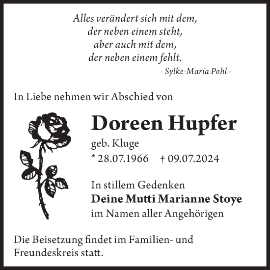 Traueranzeige von Doreen Hupfer von WochenKurier