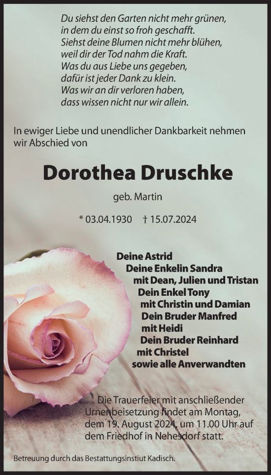 Traueranzeige von Dorothea Druschke von WochenKurier