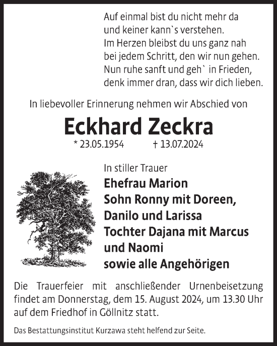 Traueranzeige von Eckhard Zeckra von WochenKurier