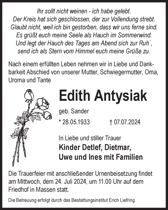 Traueranzeige von Edith Antysiak von WochenKurier