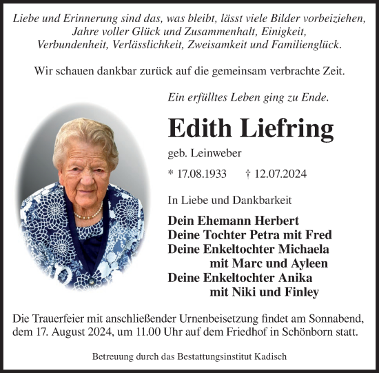 Traueranzeige von Edith Liefring von WochenKurier