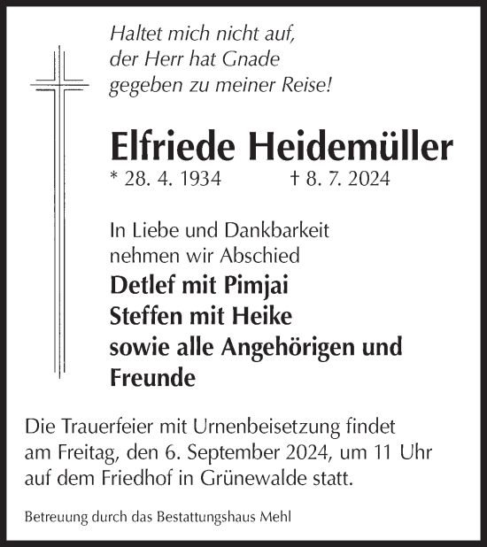 Traueranzeige von Elfriede Heidemüller von WochenKurier