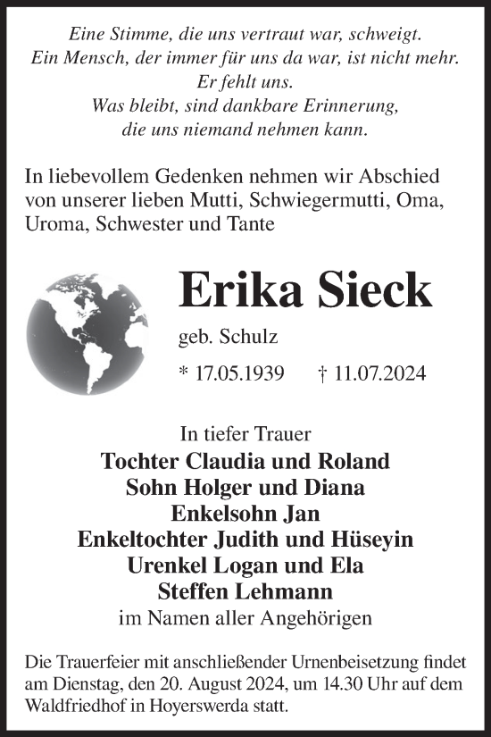 Traueranzeige von Erika Sieck von WochenKurier