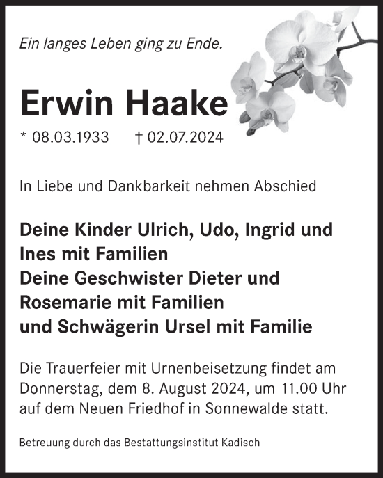 Traueranzeige von Erwin Haake von WochenKurier