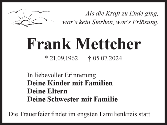 Traueranzeige von Frank Mettcher von WochenKurier