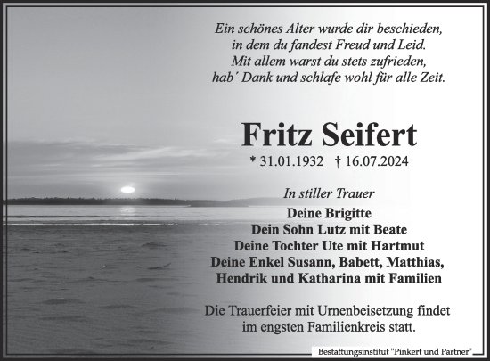 Traueranzeige von Fritz Seifert von WochenKurier