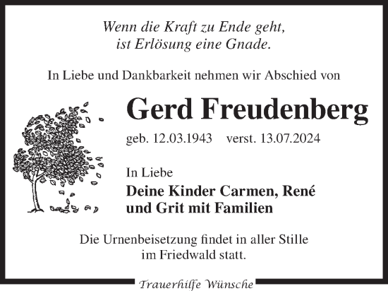 Traueranzeige von Gerd Freudenberg von WochenKurier