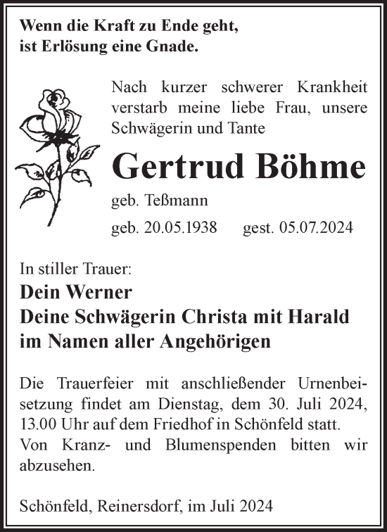 Traueranzeige von Gertrud Böhme von WochenKurier