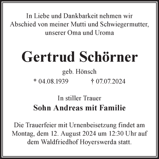 Traueranzeige von Gertrud Schörner von WochenKurier