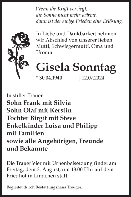 Traueranzeige von Gisela Sonntag von WochenKurier