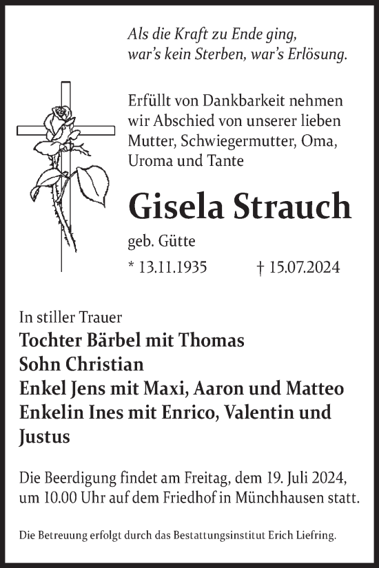 Traueranzeige von Gisela Strauch von WochenKurier