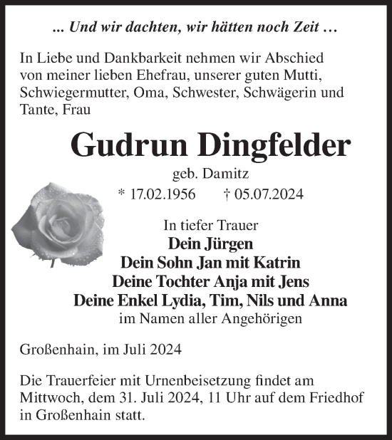 Traueranzeige von Gudrun Dingfelder von WochenKurier