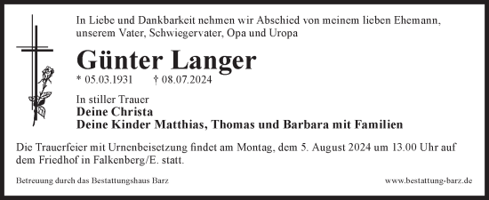 Traueranzeige von Günter Langer von WochenKurier