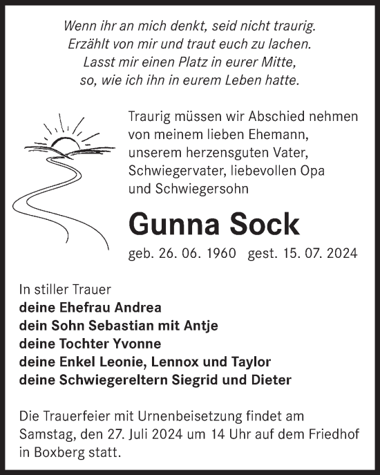 Traueranzeige von Gunna Sock von WochenKurier