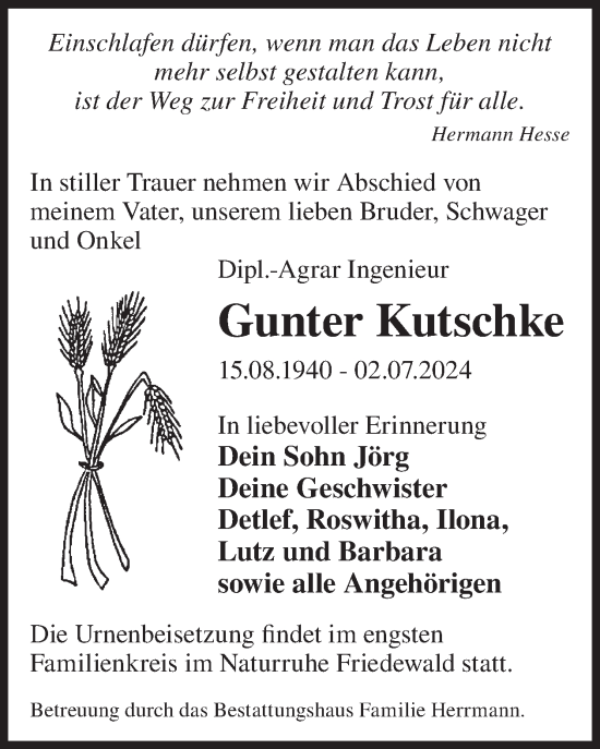 Traueranzeige von Gunter Kutschke von WochenKurier