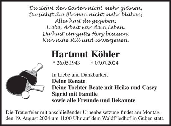 Traueranzeige von Hartmut Köhler von WochenKurier