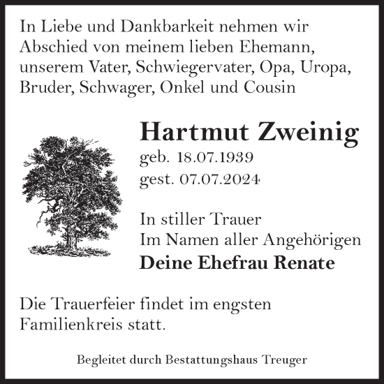 Traueranzeige von Hartmut Zweinig von WochenKurier