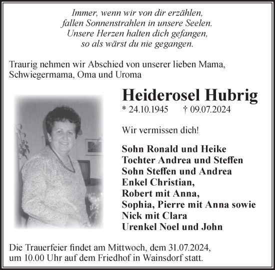 Traueranzeige von Heiderosel Hubrig von WochenKurier