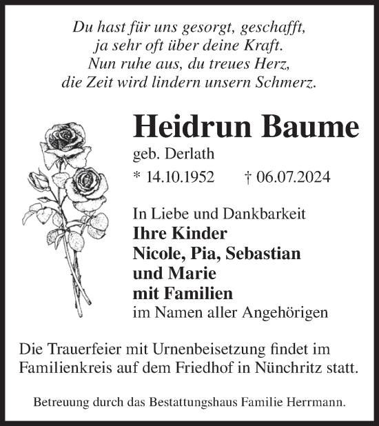 Traueranzeige von Heidrun Baume von WochenKurier