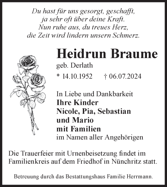 Traueranzeige von Heidrun Braume von WochenKurier