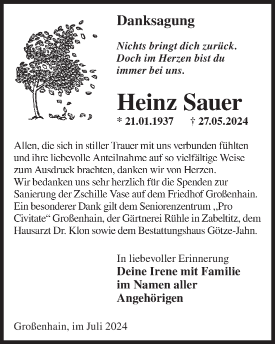 Traueranzeige von Heinz Sauer von WochenKurier