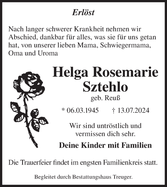 Traueranzeige von Helga Rosemarie Sztehlo von WochenKurier