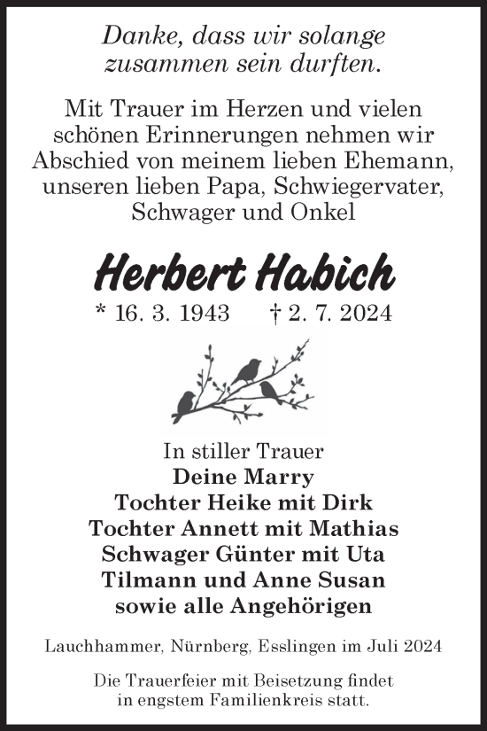 Traueranzeige von Herbert Habich von WochenKurier