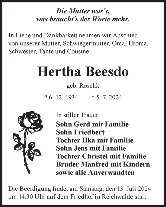 Traueranzeige von Hertha Beesdo von WochenKurier