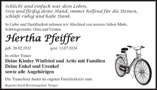 Traueranzeige von Hertha Pfeiffer von WochenKurier