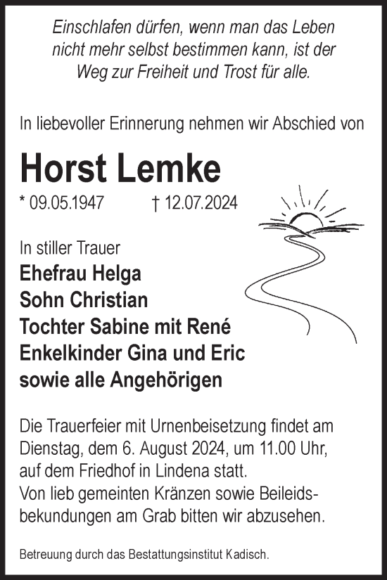Traueranzeige von Horst Lemke von WochenKurier