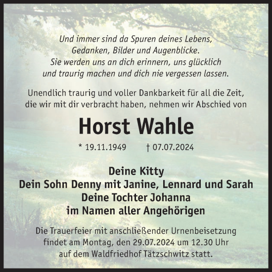 Traueranzeige von Horst Wahle von WochenKurier