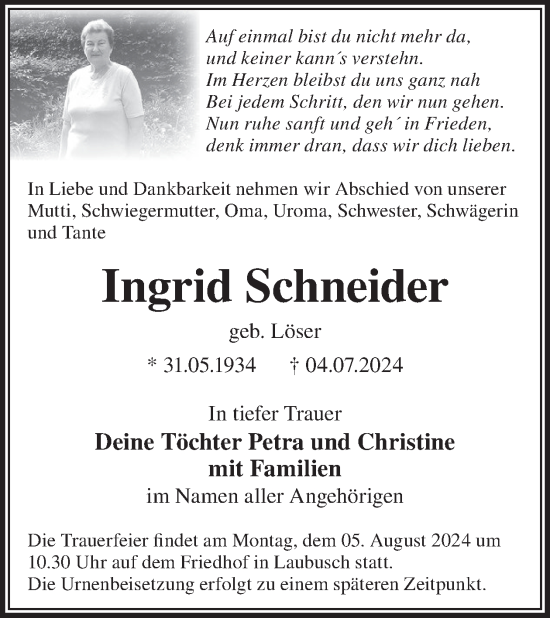 Traueranzeige von Ingrid Schneider von WochenKurier