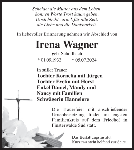 Traueranzeige von Irena Wagner von WochenKurier