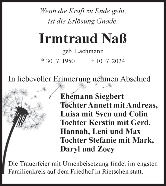 Traueranzeige von Irmtraud Naß von WochenKurier