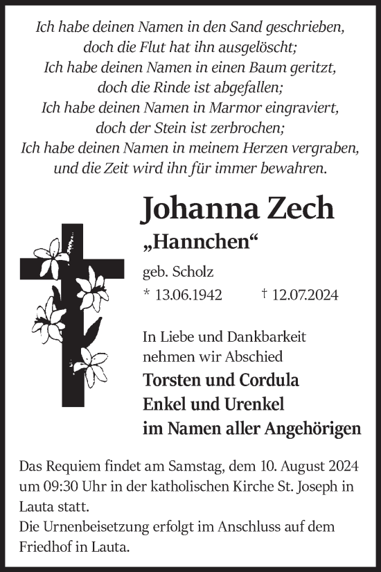 Traueranzeige von Johanna Zech von WochenKurier