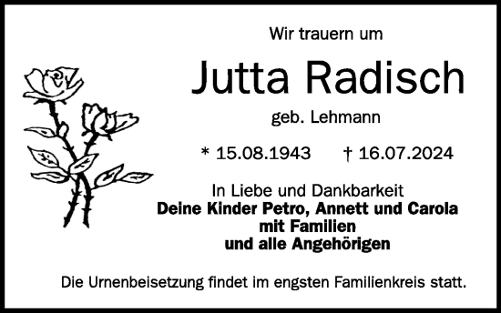 Traueranzeige von Jutta Radisch von WochenKurier