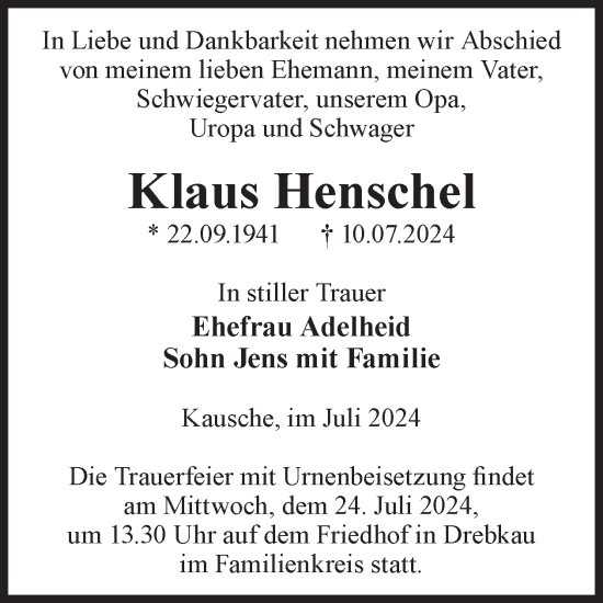 Traueranzeige von Klaus Henschel von WochenKurier