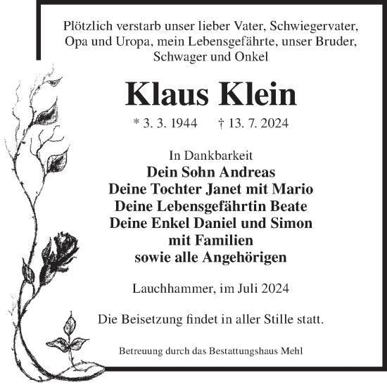 Traueranzeige von Klaus Klein von WochenKurier
