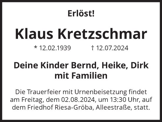 Traueranzeige von Klaus Kretzschmar von WochenKurier