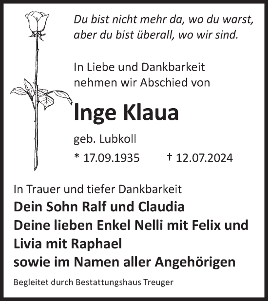 Traueranzeige von lnge Klaua von WochenKurier