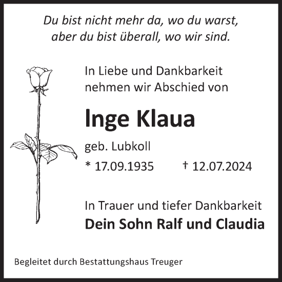 Traueranzeige von lnge Klaua von WochenKurier