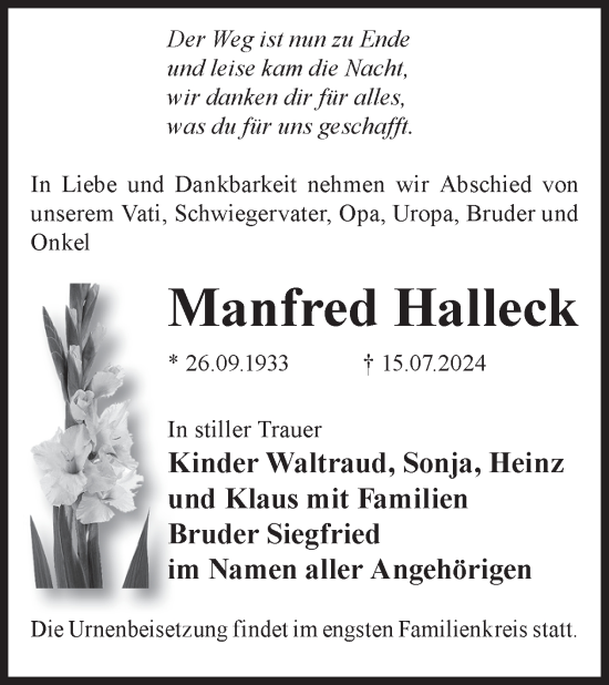 Traueranzeige von Manfred Halleck von WochenKurier
