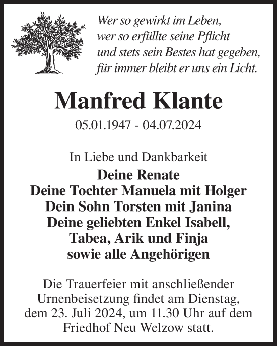 Traueranzeige von Manfred Klante von WochenKurier