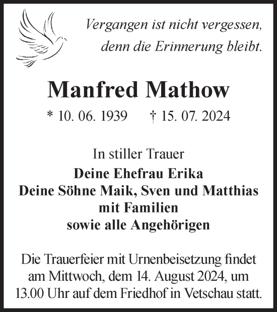 Traueranzeige von Manfred Mathow von WochenKurier